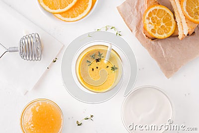 wholesome breakfast from lassi drink of mango Stock Photo