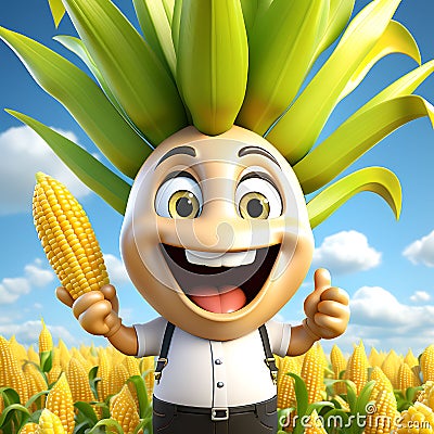 Wholesome Corn Cartoon Character: 3D Rendering Delight Stock Photo