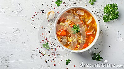 A Wholesome Delight: Cabbage Soup Served in a Stone Bowl - A Tempting View in Ratio Stock Photo