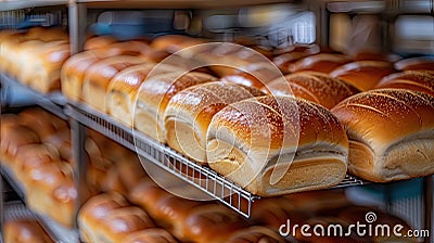 Wholesome Delights: A Bread Bakery Food Factory Showcasing Fresh White Bread on Shelves During Manufacturing Process Stock Photo