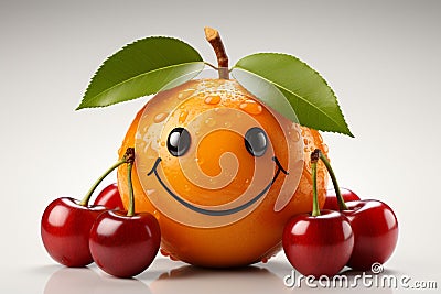 Wholesome fruit creation cherries and orange smiley face, isolated on white Stock Photo