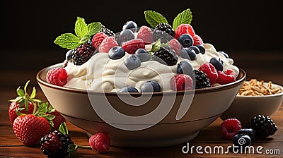 Wholesome Morning: Indulge in the Nutritious Appeal of a Yogurt Bowl Adorned with Mixed Berries Stock Photo