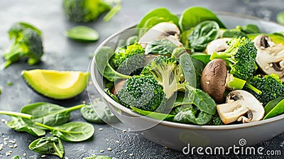 Wholesome vegan lunch bowl with avocado, mushrooms, broccoli, and spinach for a nutritious meal Stock Photo