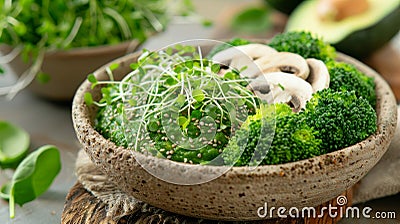 Wholesome vegan lunch bowl with avocado, mushrooms, broccoli, and spinach for a nutritious meal Stock Photo