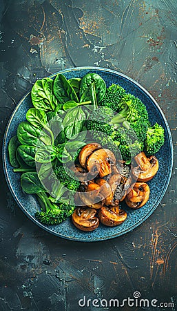 Wholesome vegan lunch bowl with avocado, mushrooms, broccoli, and spinach for a nutritious meal Stock Photo
