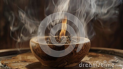 Whorls of smoke curling around a wooden and crystal smudge bowl filled with sacred cleansing herbs Stock Photo