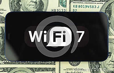 Wi-Fi 7 generation background, icon close-up. Mobile phone supporting Wi-Fi technology, business photo Editorial Stock Photo