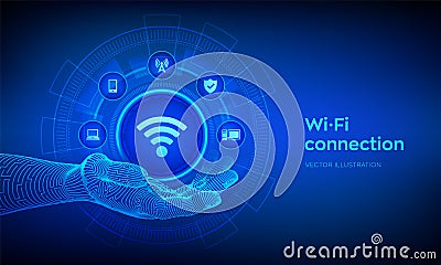 Wi Fi icon in robotic hand. Wireless connection concept. Free WiFi network signal technology internet concept. Mobile connection Cartoon Illustration