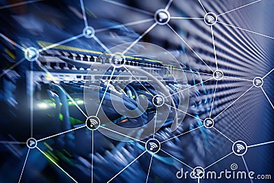 Wi fi network abstract structure on modern server room background. Stock Photo