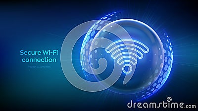 Wi-Fi network icon inside transparent protection sphere shield with hexagon pattern on blue background. Secure Wi Fi wireless Vector Illustration