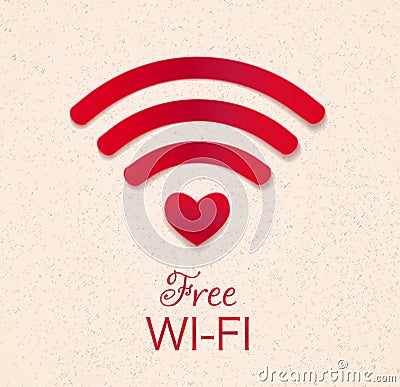 wi-fi red icon with heart shape as point access. free wifi connection symbol, hotspot sign. on grunge yellow textured background. Vector Illustration