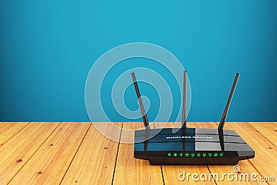 Wi-Fi wireless router on wooden table Stock Photo