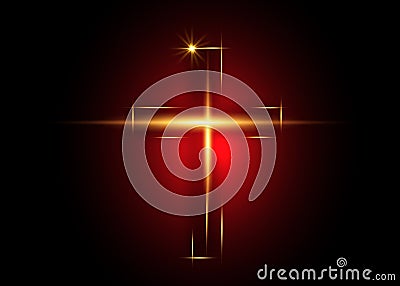 Cross of light, shiny Cross with golden frame symbol of christianity. Symbol of hope and faith. Vector illustration isolated Vector Illustration