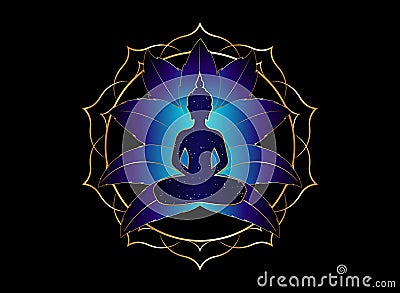 Chakra concept. Inner love, light and peace. Buddha silhouette in lotus position over gold ornate mandala lotus flower. isolated Vector Illustration