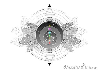 Chakras concept. Inner love, light and peace. Buddha silhouette in lotus position over ornate mandala lotus flower Sacred Geometry Vector Illustration