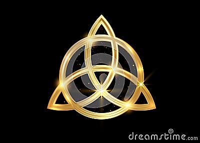 Triquetra geometric logo, Gold Trinity Knot, Wiccan symbol for protection. Vector golden Celtic trinity knot set isolated on black Vector Illustration