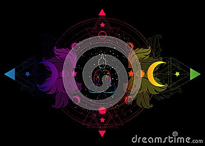 Buddha silhouette in lotus position over ornate mandala lotus flower and Moon phases Sacred Geometry, spiritual yoga. isolated Vector Illustration