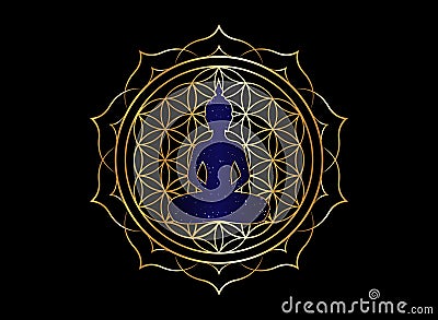 Chakra concept. Inner love, light and peace. Buddha silhouette in lotus position over gold ornate mandala lotus flower. Yantra Vector Illustration