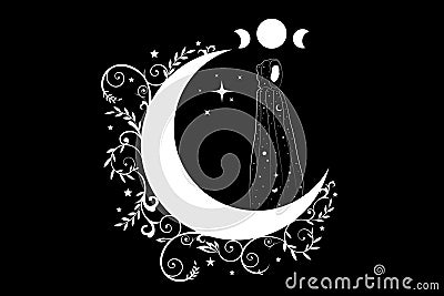 Mystical priestess in a long black dress on the white crescent moon. Triple goddess, magical wiccan woman, boho style Vector Illustration