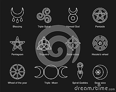 Wiccan and pagan symbols pentagram, triple moon, horned god, triskelion, solar cross, spiral, wheel of the year. Vector Vector Illustration