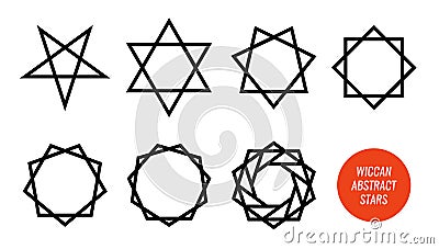 Wiccan symbol and all polygonal stars, pentagram, sexagram and other isolated on white - Big vector set of line symbols. Vector Illustration