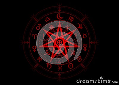 Wiccan symbol of protection. 3D Red Mandala Witches runes and alphabet, Mystic Wicca divination. Ancient occult symbols Vector Illustration