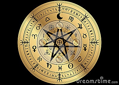 Wiccan symbol of protection. Golden Mandala Witches runes, Mystic Wicca divination. Ancient occult symbols, Zodiac Wheel signs Vector Illustration