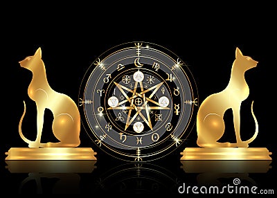 Wiccan symbol of protection. Set of Mandala Witches runes and golden cats, Mystic Wicca divination. Golden Ancient occult symbols Vector Illustration