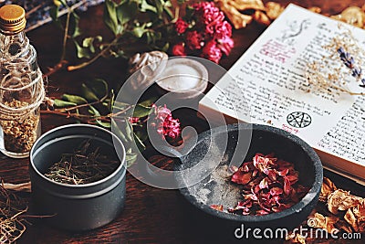 Wiccan witch altar with an open book of shadows with hand written spell in it, ready for spell casting Stock Photo