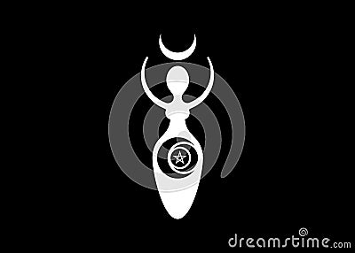 Wiccan Woman Logo triple moon goddess, crescent moon, pentacle pagan symbols, cycle of life, death and rebirth. Wicca mother earth Vector Illustration