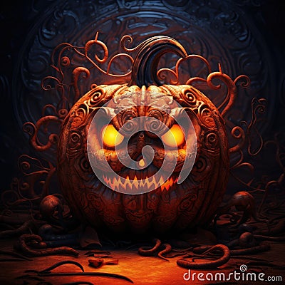 The Wicked Pumpkin. A fire-eyed pumpkin hidden in some dark dungeon by the metal entrance. Generative AI (300 Real DPI) Stock Photo