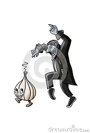 Wicked vampire pursuing the little garlic on tiptoes Vector Illustration