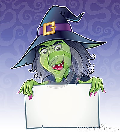 Wicked Witch Holding Blank Sign With Swirl Background Stock Photo