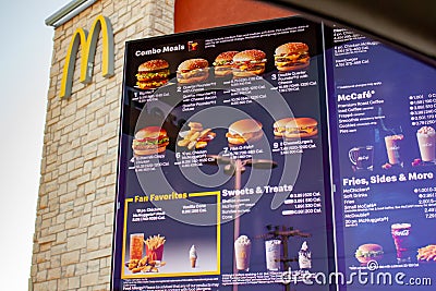 Wickenburg, Arizona / USA - October 5 2020: Drive thru menu showing burger options at a McDonald`s fast food restaurant Editorial Stock Photo