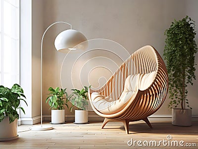 Wicker ball recliner chair near white stand lamp against of beige stucco wall. Interior design of modern living room. Created with Stock Photo
