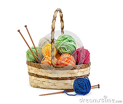 Wicker basket with balls of yarn Stock Photo