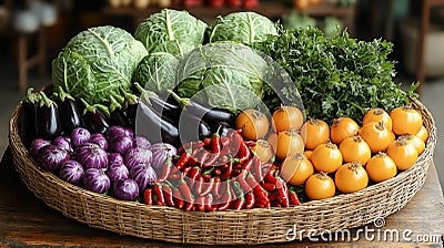 A wicker basket filled with fresh produce, including cabbages, eggplants, tomatoes, chili peppers, and onions Stock Photo