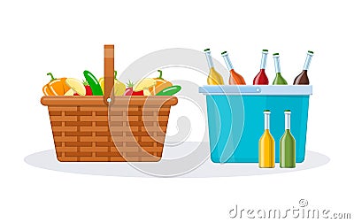 Wicker basket with fresh vegetables and plastic basket with drinks. Vector Illustration