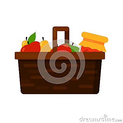 Wicker basket with fruits apple and pear and jam Vector Illustration