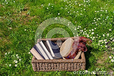 Wicker basket full of books and retro hat in lawn Stock Photo