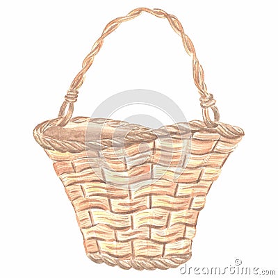 Wicker basket with handle. Watercolor template illustration of rustic vintage empty container, straw picnic bag Cartoon Illustration