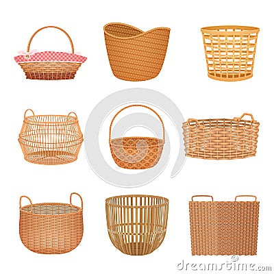 Wicker basket set, retro craft basketry collection with hampers for fruit and flowers Vector Illustration