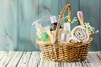 wicker basket with spa items like lotions and soaps as gifts Stock Photo