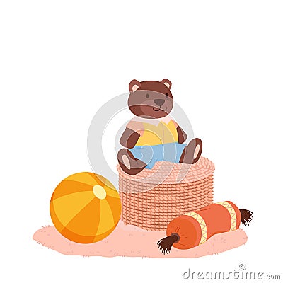 Wicker basket for toys of baby boys and girls, cute plush teddy bear sitting on round box Vector Illustration