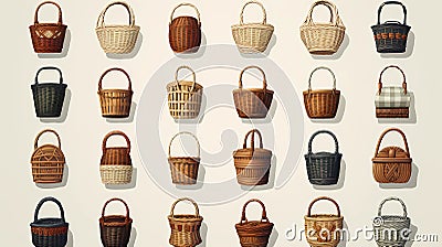 Wicker baskets, grocery wood Picnic baskets for lunch or dinner. Stock Photo