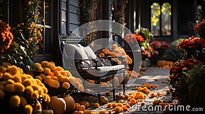 Porch of the backyard decorated with pumpkins and autumn flowers. Stock Photo