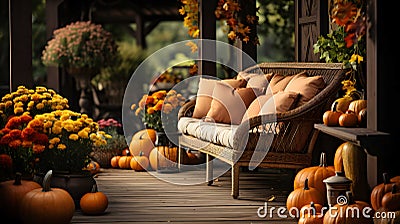 Wicker chair with cushions on the porch decorated with pumpkins. Stock Photo