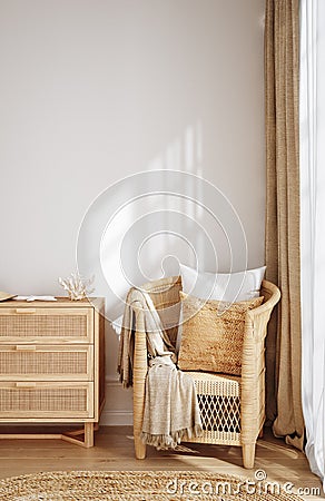 Wicker furniture in beige Coastal boho style interior Stock Photo