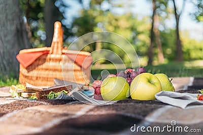 Wicker picnic basket and fresh tasty fruits on plaid in park Stock Photo