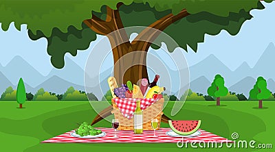 WIcker picnic basket full of products. Vector Illustration